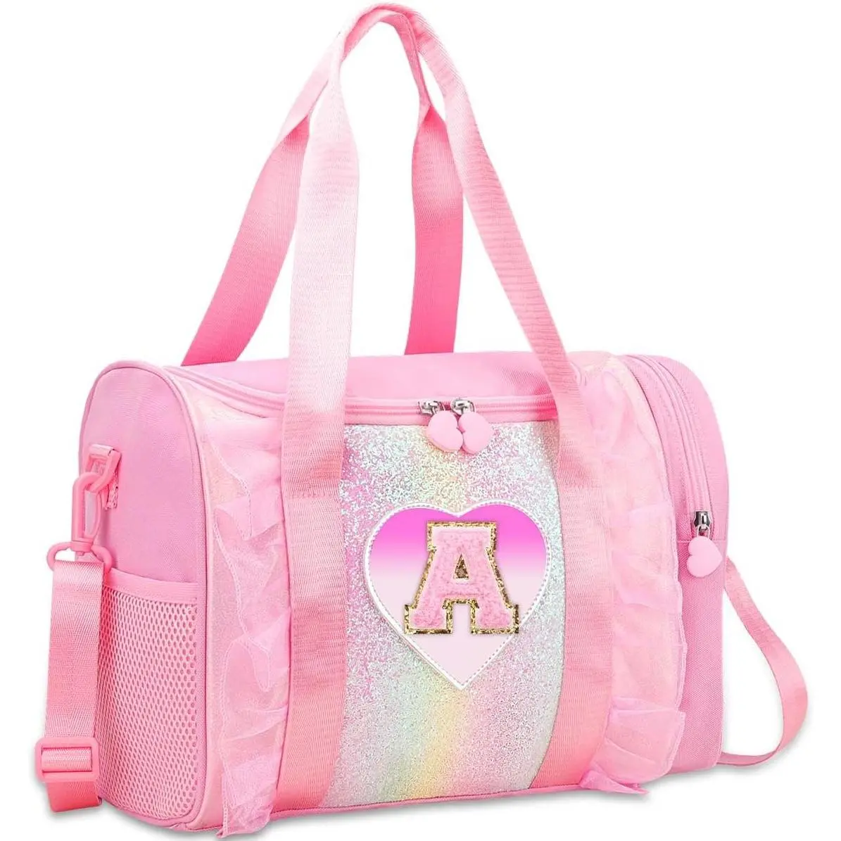 Personalized Initial Dance Bag for Girls - Toddler Travel duffle bag Gift for Teen Girls Lightweight Water Resistant Oxford Backpack for Ballet Cheerleading Sleepovers Gymnastics Pink A