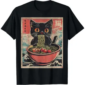 Valentine's Day Gift Cat Ramen Japanese Funny Graphic Tees Kawaii Cat Anime Gifts T-Shirt