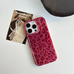 Exquisite Fashion Wine Red Leopard Print Lucky Color Fine Sand Texture Protective Phone Case Cover for iPhone 13 14 15 16 17 Pro Max