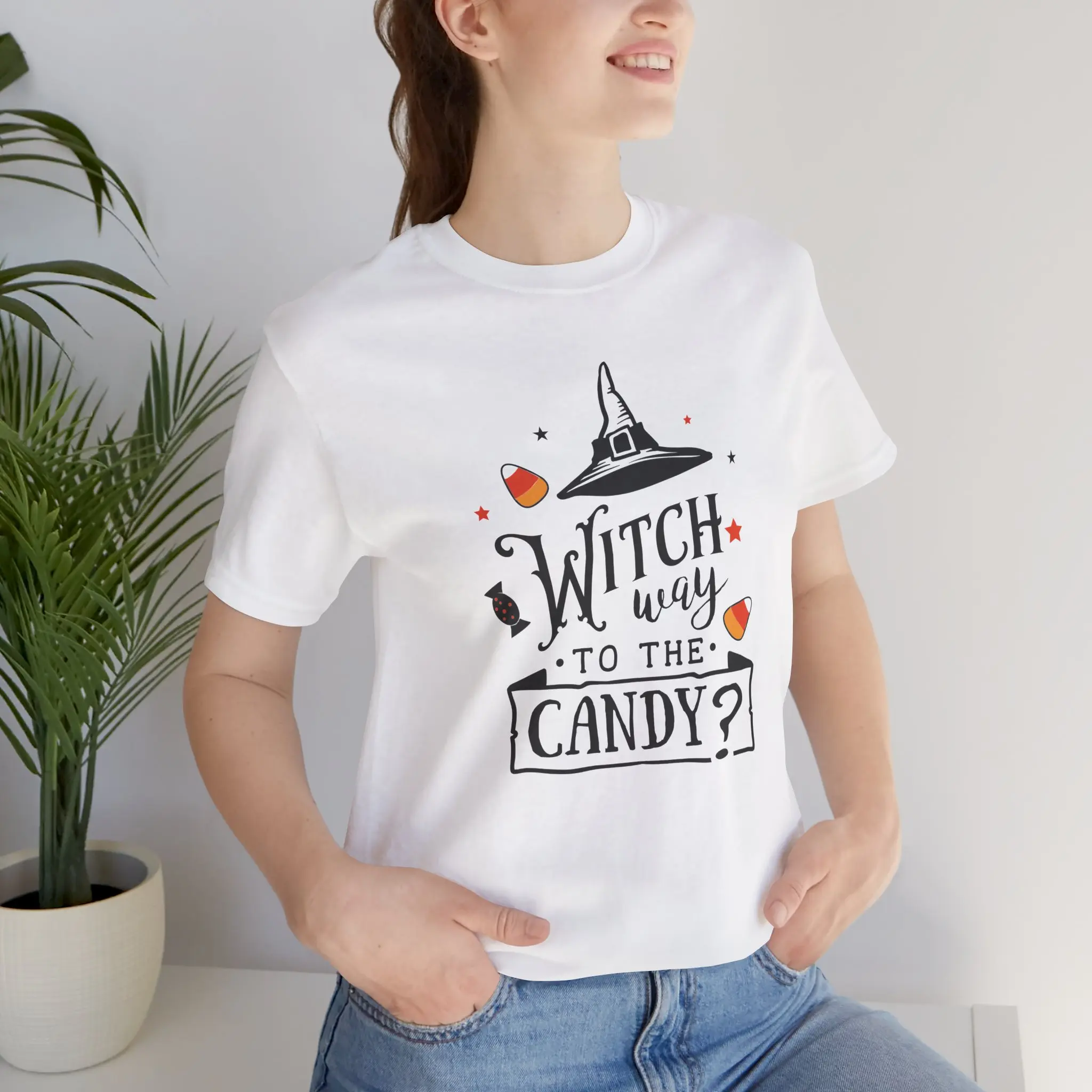 Funny Halloween Shirt Witch Way to the Candy Tee Witch Hat Graphic T-Shirt Unisex Short Sleeve Halloween Top