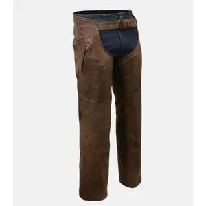 Men's Classic Brown Leather Chaps with Two Zipper Pockets