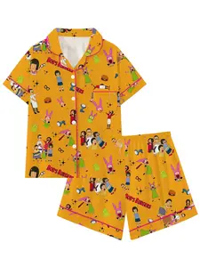Burger Family Cartoon Pajama Set Women, Funny Animated Print Sleepwear, Short Sleeve Collared Top and Shorts, Soft Comfortable Lounge Outfit Gift