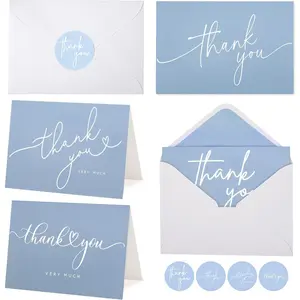 100 Bulk Light blue Thank You Cards with white Envelopes and stickers, 4 Minimalistic Designs Blank Thank You Notes for Wedding Bridal Gift Baby Shower Graduation Business