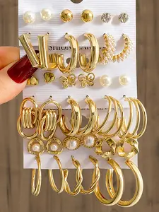 Metal Triangle Twisted Pearl Earrings Set 18 Pairs, Korean Fashion Women's Earrings, Perfect Gift for Friends, Besties, Lovers