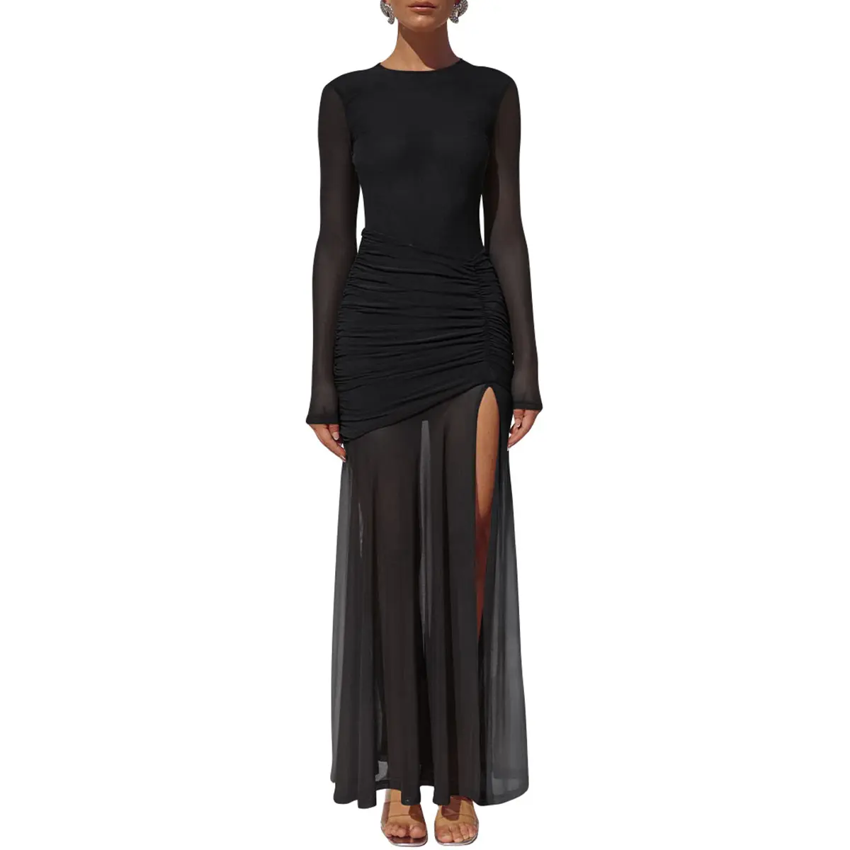 Aprilake Women's Elegant Mesh Long Sleeve Bodycon Ruched High Split Flowy Long Maxi Dress - TikTok Shop Aprilake Women's Elegant Mesh Long Sleeve Bodycon Ruched High Split Flowy Long Maxi Dress - TikTok Shop