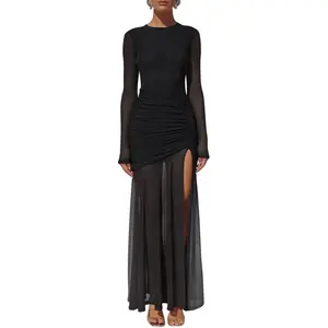 Aprilake Women's Elegant Mesh Long Sleeve Bodycon Ruched High Split Flowy Long Maxi Dress