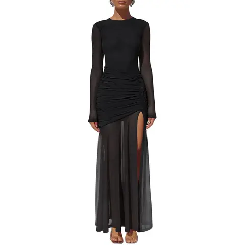 Aprilake Women's Elegant Mesh Long Sleeve Bodycon Ruched High Split Flowy Long Maxi Dress
