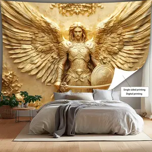 [ 2D Flat Printing] 1pc Glam Style Angelic Archangel Michael Wall Tapestry, Golden Polyester Decor for Living Room, Home Bedroom Decor, Home Decor Supplies, General Fit, No Electricity or Feathers Required