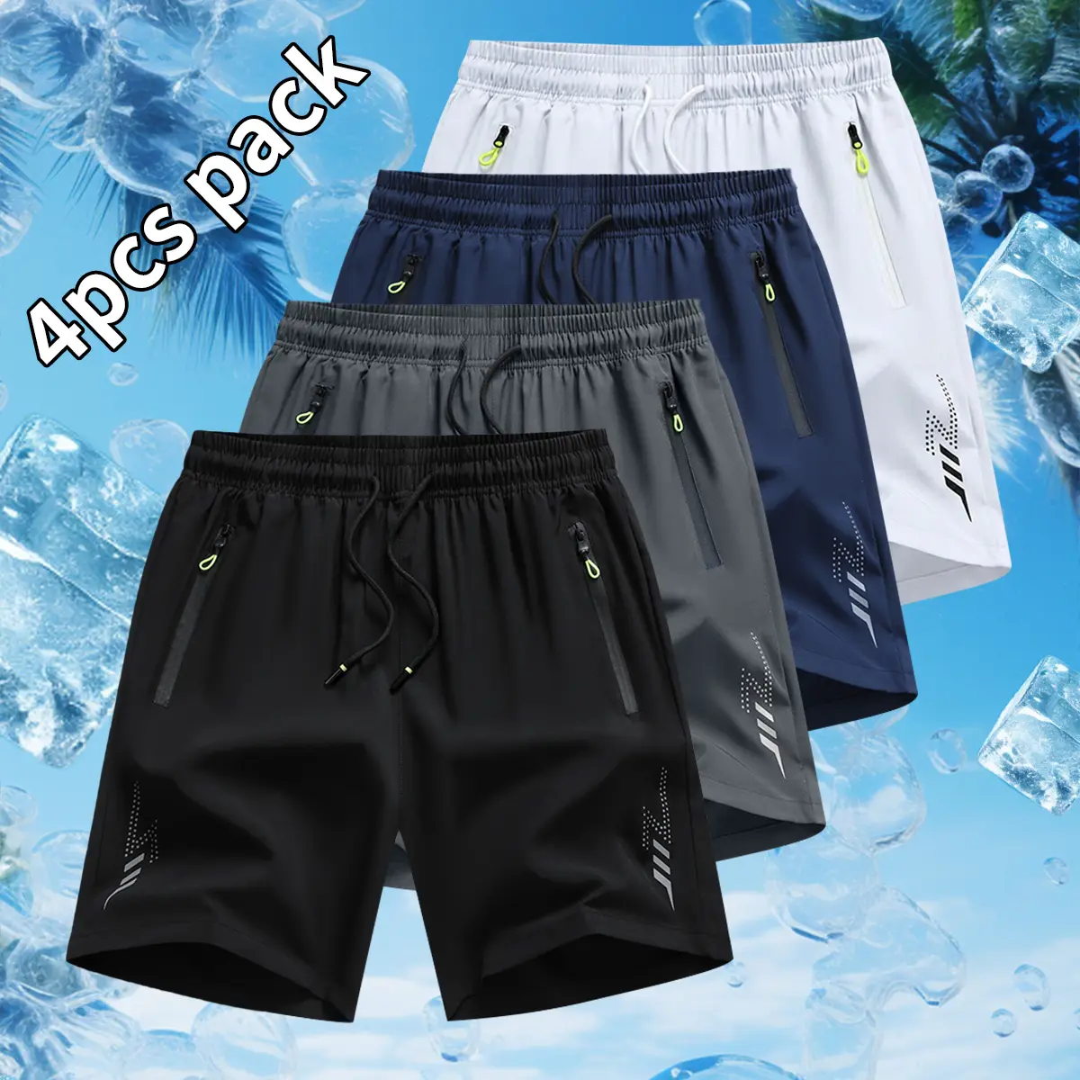 Set of 4 men’s running shorts—casual, minimalist style, comfortable shorts with letter print, pockets, and drawstring; summer outdoor fitness apparel; quick-dry, comfortable shorts; casual shorts with zippered pockets, slightly stretchy fabric, and an ela