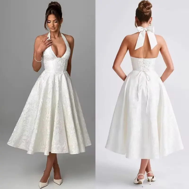 Thus high quality white jacquard corset halter v-neck backless sleeveless lace up long elgant midi evening dress for women. Colors white in small ,medium and large then yellow in small and large
