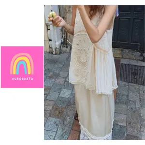 Women’s Champagne Lace Patchwork Satin Midi Skirt with Elastic Waist