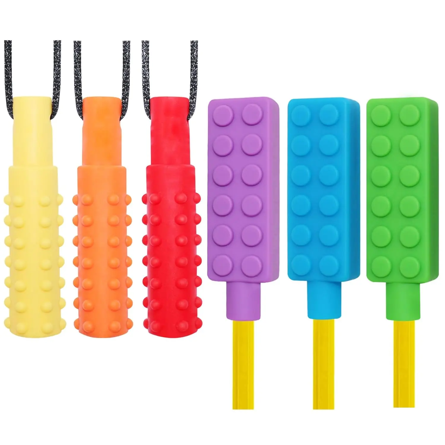 Chew Necklaces for Sensory Kids, 6 Pack | Chewy Necklace Sensory Pencil Toppers Set, Silicone Fidget Toys for Autism, ADHD, SPD