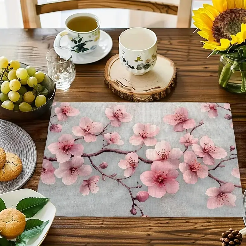 4-piece/6-piece vintage pink cherry blossom table mat, 12x18 inch heat-resistant linen placemat, decorative washable table mat, perfect for family wedding banquet dining, Table Placemats
