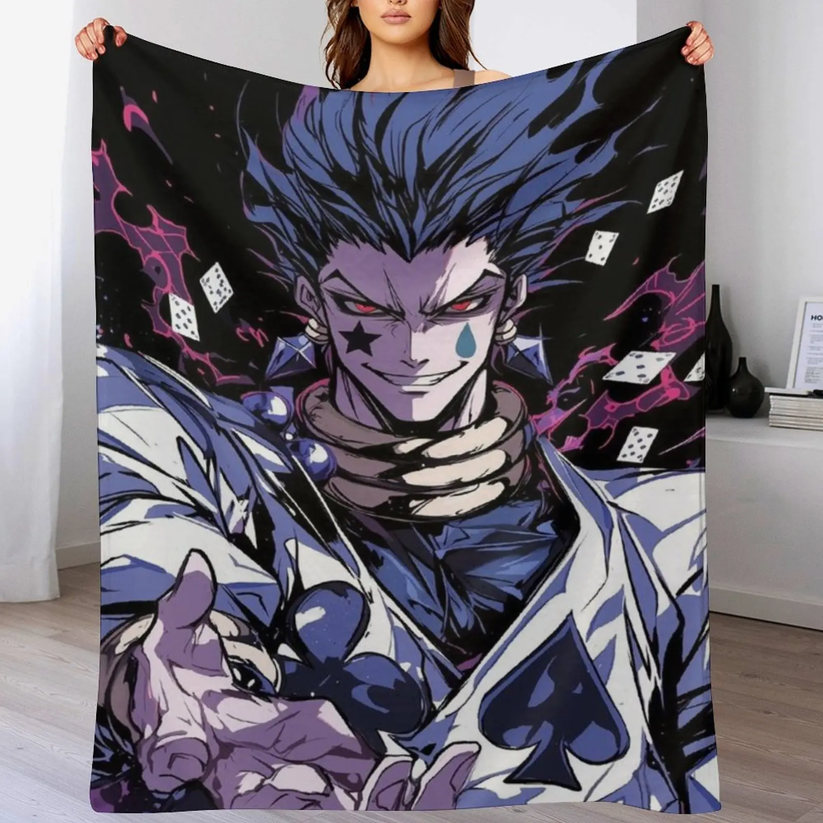 Hunter x Hunter Hisoka Morow Playing Cards Anime Throw Blanket, Soft Flannel HxH Magician Blanket, Cozy Anime Decor for Couch Bed, Anime Lover Gift