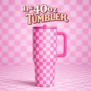 1 Pc insulated mug, 40oz vacuum cup, double wall thermal mug, keeps hot 12 hours cold 24 hours, leak proof lid with handle, large capacity skinny tumbler, checkered pattern design, travel mug for hot cold drinks, gift for women men holiday office use