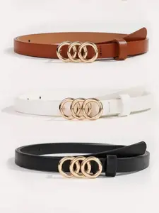 3Pcs/set Golden Triple Ring Modern Buckle Belts Simple Solid Color PU Leather Belt Trendy Exquisite Belt Jeans Pants Belt Dress Coat Girdle For Women Fashion Belt