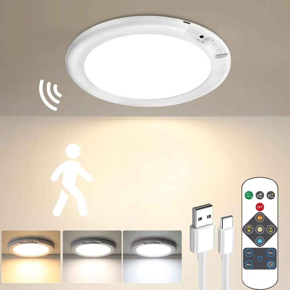Modern LED Motion Sensor Ceiling Light, Multifunctional Ambient Lights, Smart Lighting, Wireless Charging Magnetic Installation, Dimmable with Remote, Ideal for Hallway, Closet, Kitchen Cabinet, Hallway Light Fixtures