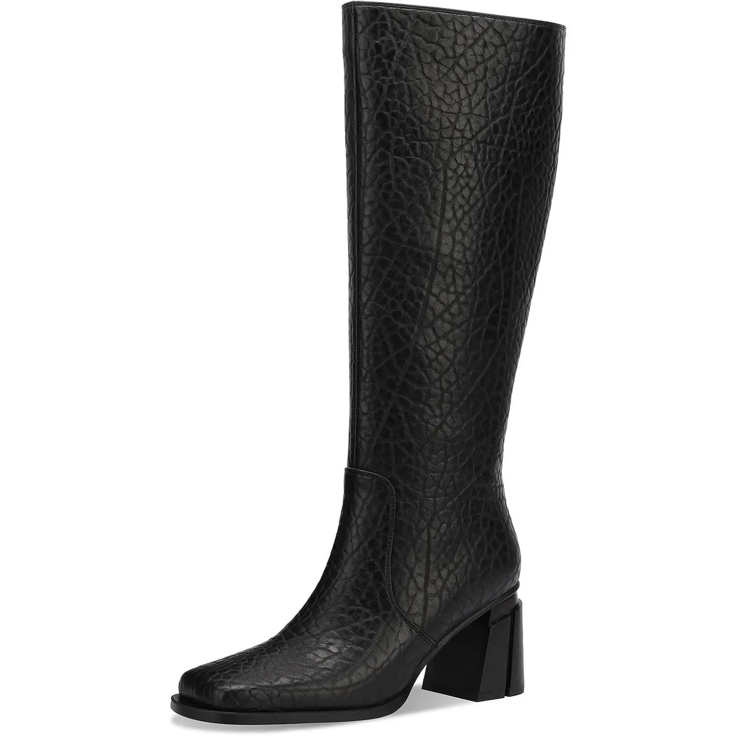 Women's Patent Leather Knee-High Boots, 3-in Chunky Block Heels, Square Toe, Leather Upper, Rubber Sole, Comfortable for Casual & Dressy Wear