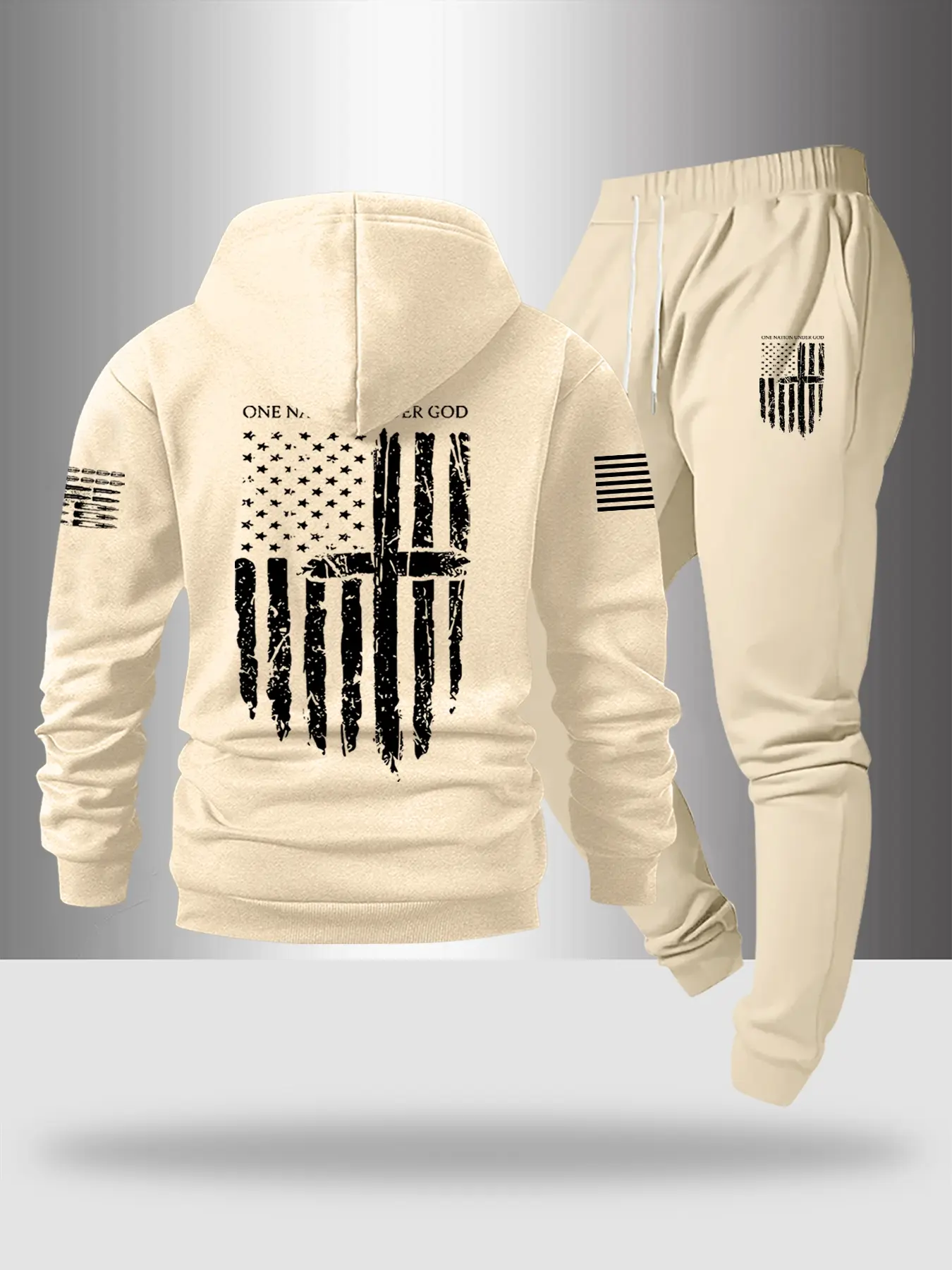 Men's Two-Piece Fitted Sportswear Set, Flag Pattern Letter Print Hoodie & Jogger Pants, High-Quality Fabric, Classic Design, Fall & Winter, Athletic Activewear Tracksuits