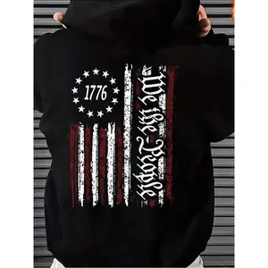 Men's Graphic Drop Shoulder Essentials 4th Of July Hoodie, Fall Outfits, Fallfreshness Regular Fit Streetwear Casual Drawstring Pocket Hooded Sweatshirt, Fall Holiday Outfits 2024, Menswear Essentials Hoodie Tops Pullover Long Sleeve Black