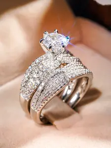 2 Piece Romantic Imitation Zircon Ring Set for Women, Wedding Engagement Anniversary Party Accessory Gift, Elegant Glittering Ring, Elegant Copper Design for All Seasons