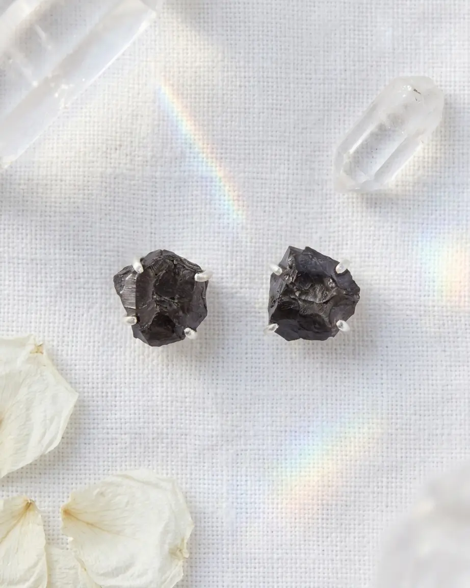Shungite Raw Natural Earrings in Prong Stud Setting - Sterling Silver