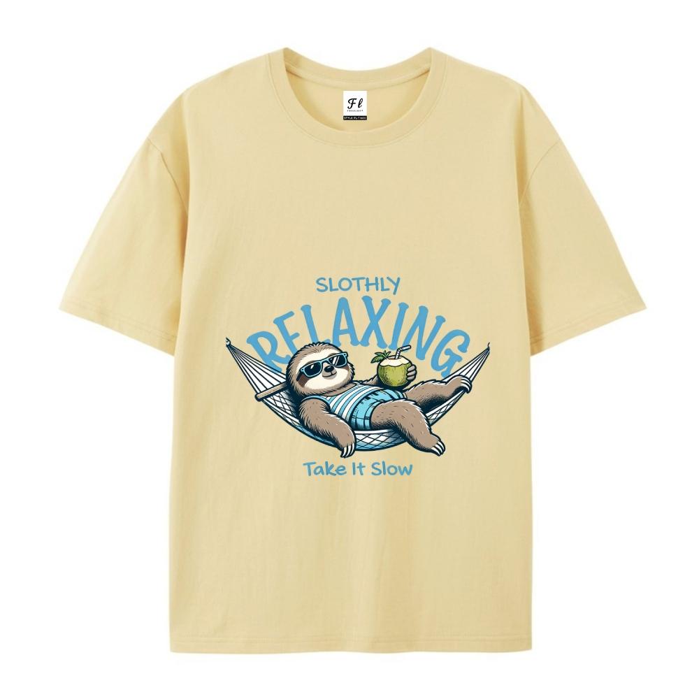 Slothly Relaxing Funny Sloth Graphic Tee Summer Vacation Casual Top For Men & Women Cartoon Drop Shoulder Short Sleeve Crew Neck Tshirt - Menswear