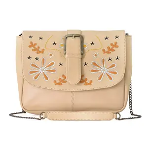 LA Marey Beige Genuine Leather Embroidery Work Crossbody Bag