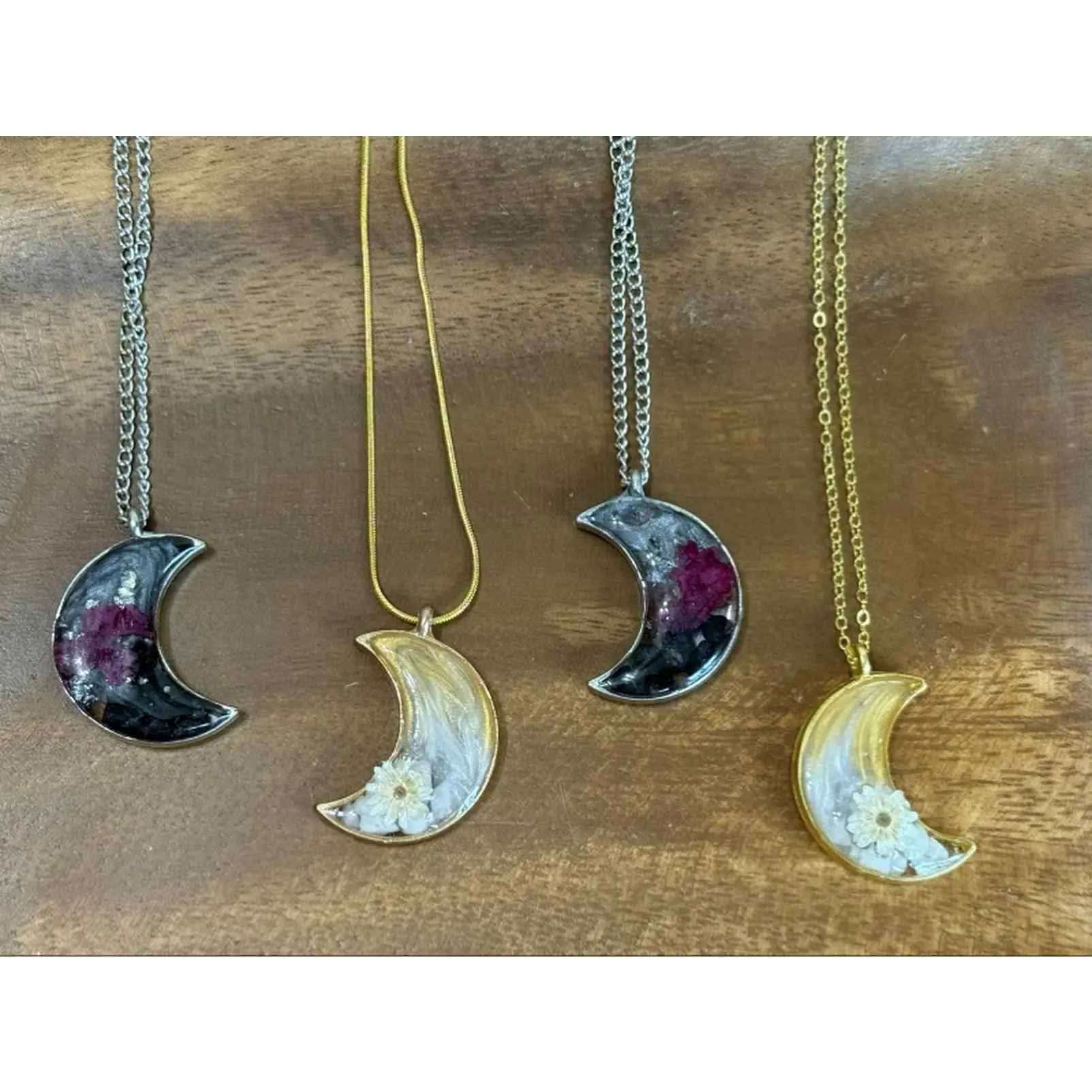 Handmade Resin Crescent Moon Necklace: Dried Flower Celestial Jewelry