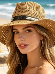 Summer Beach Vacation Essential Women's Straw Sun Hat, Vintage Lace Breathable Western Cowboy Hat, UV Protection Versatile Shade Hat