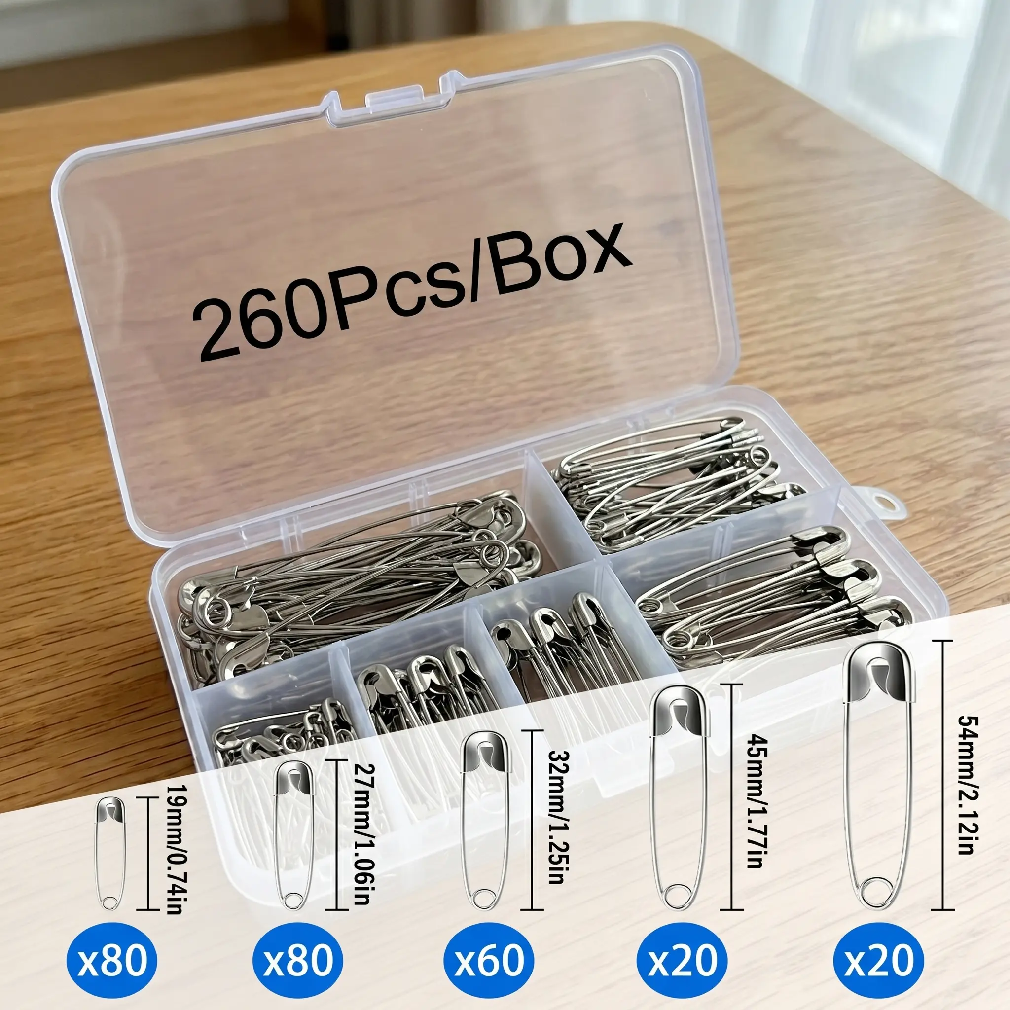 260Pcs Boxed Safety Pins Assorted Sizes, Heavy Duty Silver Metal Pins for Sewing, Clothes Fixing, Quilting Crafts, Durable Daily Home Essentials