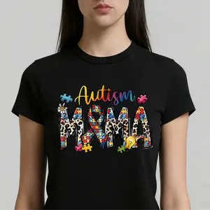 Autism Mama Puzzle Pieces And Ribbon Print T Shirt White Crewneck Casual Wear For Autism Awareness Support And Motherhood