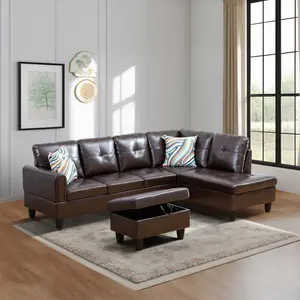 Glam Brown Faux Leather 3-Piece Living Room Sofa Set with Matching Chairs & Ottoman for Cozy Comfort and Style Modern Faux Leather Material