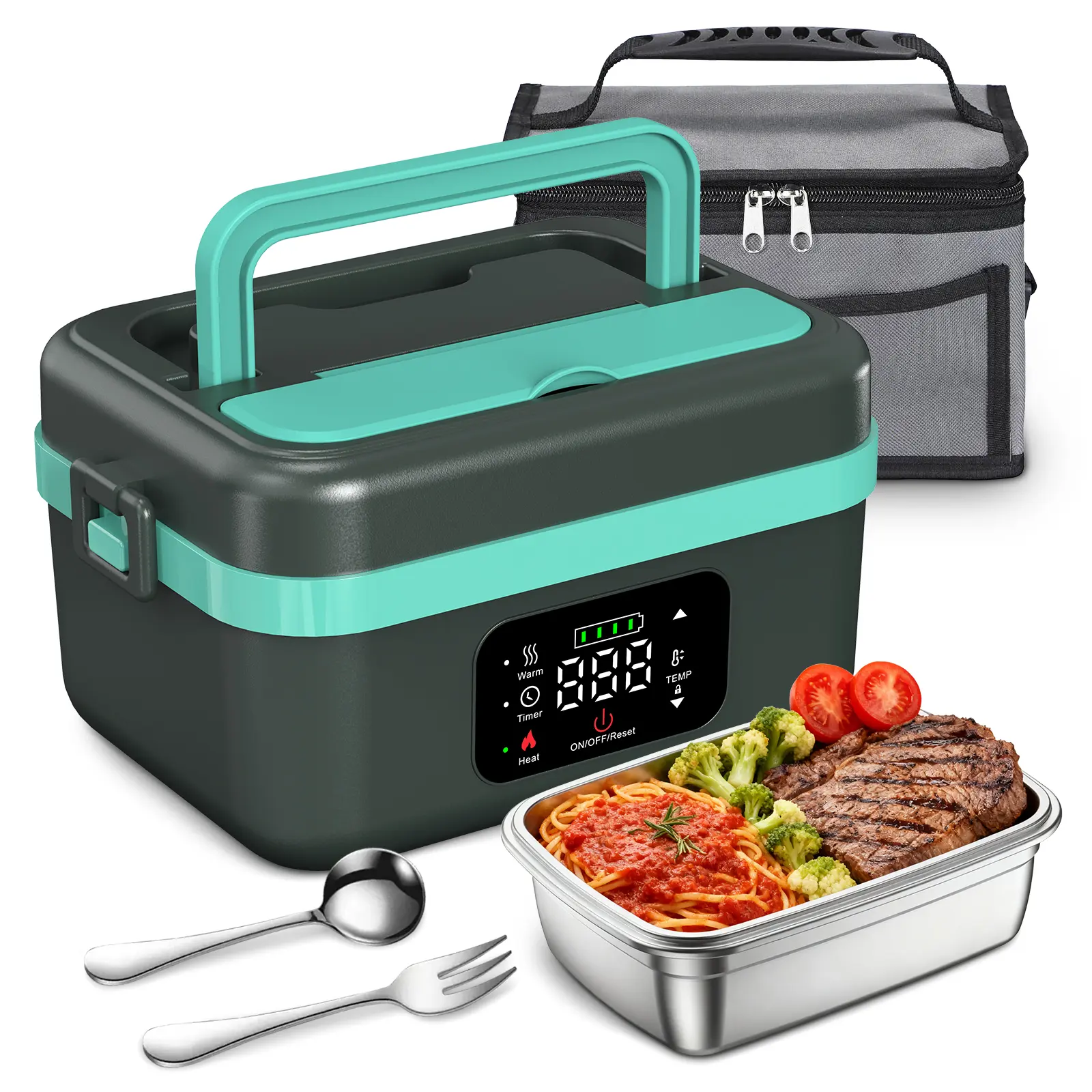 Modern 1-Layer Rechargeable Cordless Heated Steel Lunch Box Tableware - 1L (4.2Cups), 16000mAh, Non-Leaky, with Removable Tray, Insulated Bag & Spoon for Adults Office/Car, Food Warmer