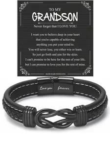 Christmas & Birthday Gifts for Grandson, Artificial Leather Unique Knotted Braids Design Bracelet, Casual Style Jewelry with Gift Card Included