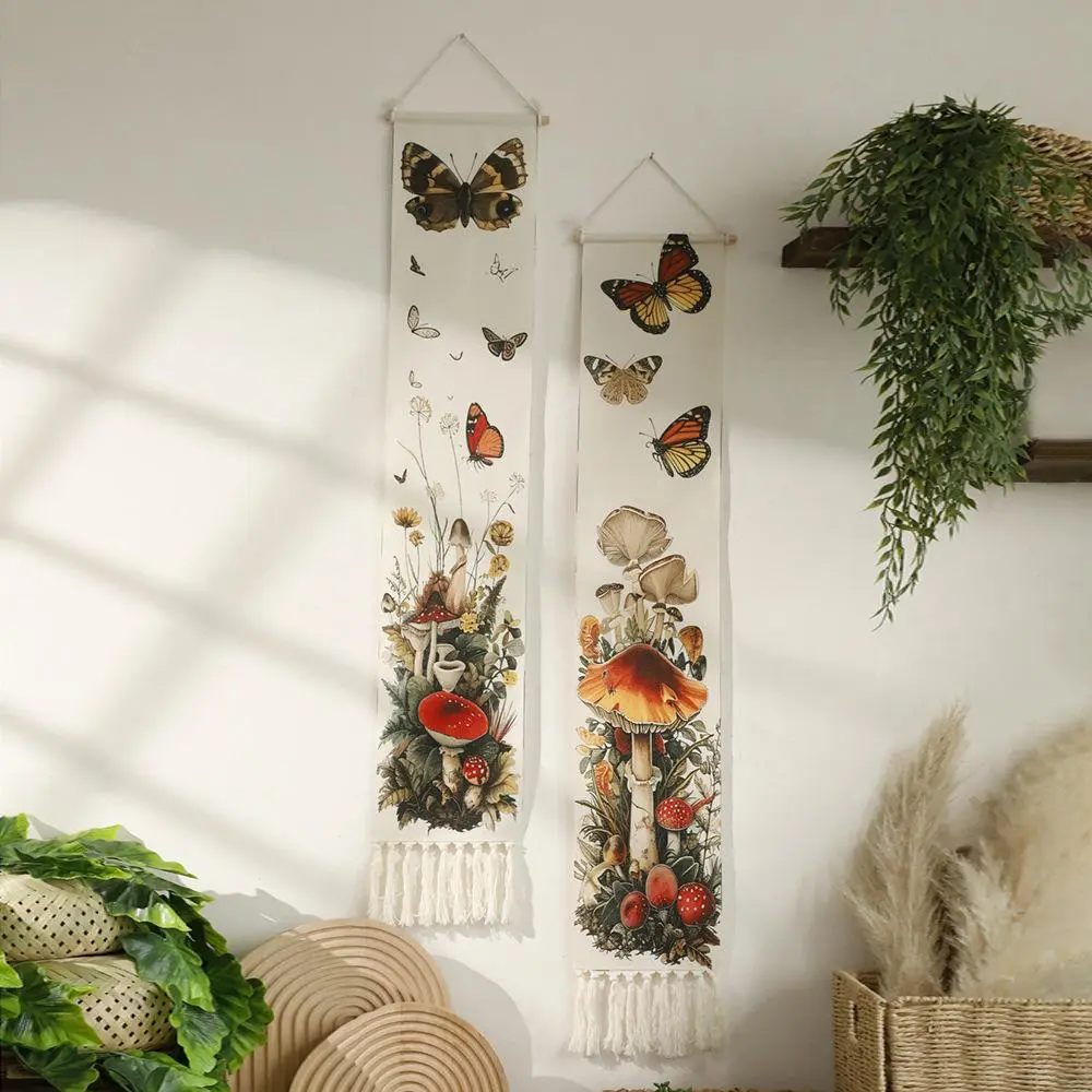Butterfly & Floral Pattern Tassel Hanging Decor, 2 Counts/set Boho Style Wall Hanging Tapestry, Wall Art Decor for Home Living Room Bedroom, Interior Wall Decor
