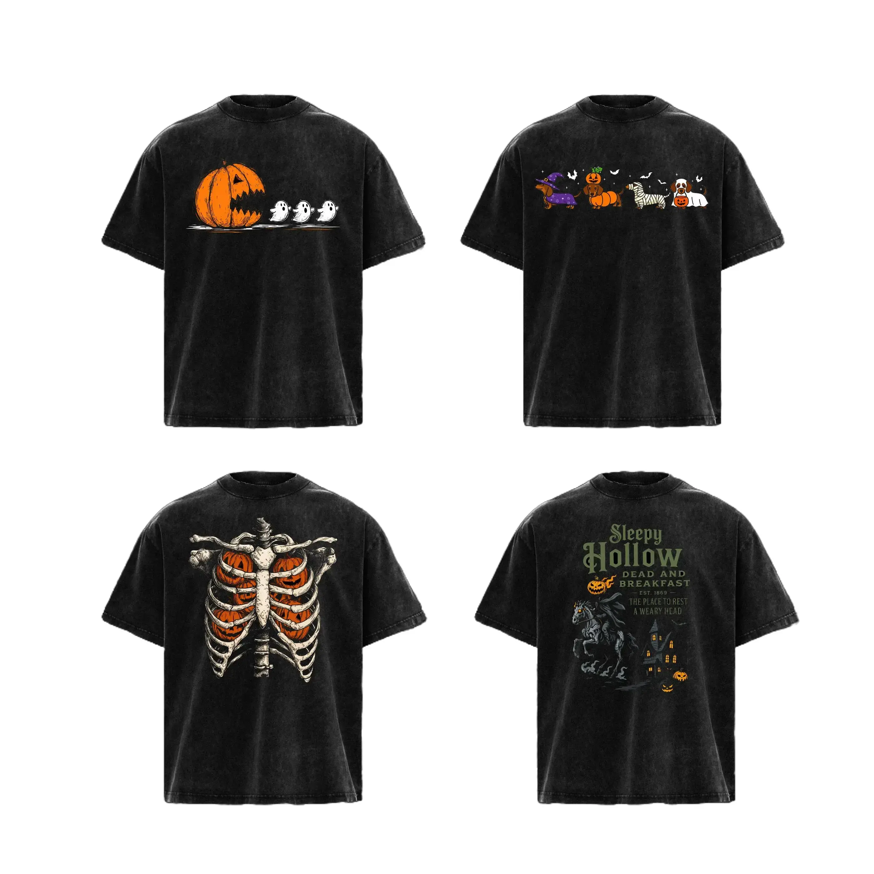 Menswear Soft Black Acid-Washed Oversized Heavy Cotton Round Neck Crewneck T-Shirt - Unisex Loose Drop-Shoulder Spooky Fall Streetwear Tee with 4 Halloween Designs (Pumpkin Ghost, Dachshund, Ribcage Skeleton, Sleepy Hollow) for Men Women