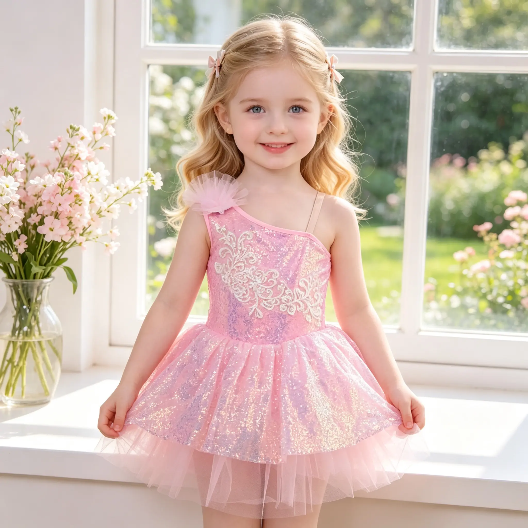 Little Girls One Shoulder Sequin Ballet Tutu Dress Sparkly Lace Embroidery Ballerina Costume Toddler Dance Leotard for Recital Birthday Party Photoshoot Dress Up