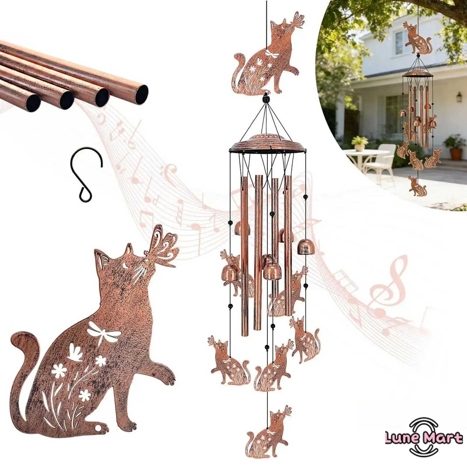 Vintage Cat Wind Chimes, Hanging Wind Bells with Metal Tubes & Bells, Home Decoration for Gardens, Yards, and Patios, Kittens Gifts