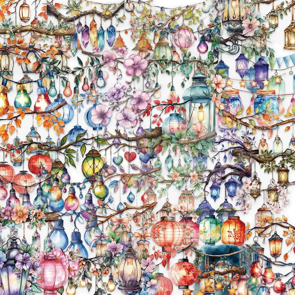 Lantern Pattern Sticker, 50pcs/set Colorful Self Adhesive Decorative Scene Stickers, DIY Decals for Water Bottle, Laptop, Phone Case, Scrapbooking, Journal Making, Cover