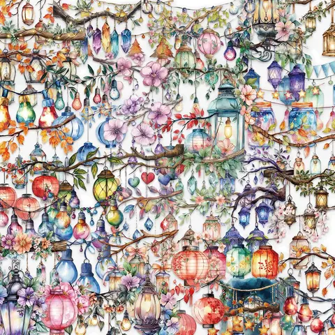 Lantern Pattern Sticker, Decoration Sticker, 50pcs/set Colorful Self Adhesive Decorative Scene Stickers, DIY Decals for Water Bottle, Laptop, Phone Case, Scrapbooking, Journal Making, Cover