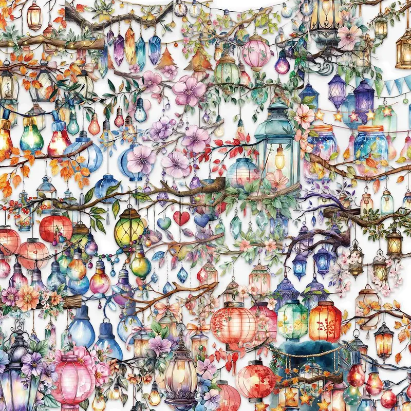 Lantern Pattern Sticker, Decoration Sticker, 50pcs/set Colorful Self Adhesive Decorative Scene Stickers, DIY Decals for Water Bottle, Laptop, Phone Case, Scrapbooking, Journal Making, Cover