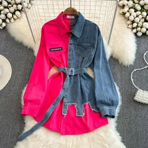 Locapeople Women’s Rose Red Fitted Blouse with Denim Waist Cinching Belted Color Block Denim Shirt – Spring New Arrival, Casual Long Top
