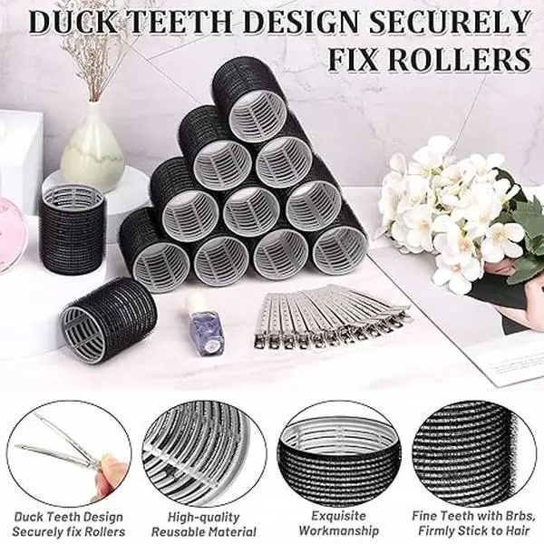 24-Pcs Heatless Curler Set Hair Kit - 12 Jumbo Overnight Blowout Rods + 12 Clips, DIY Hair Styler for Long Thick Tresses, Volumizing Black Haircare Beauty Tool