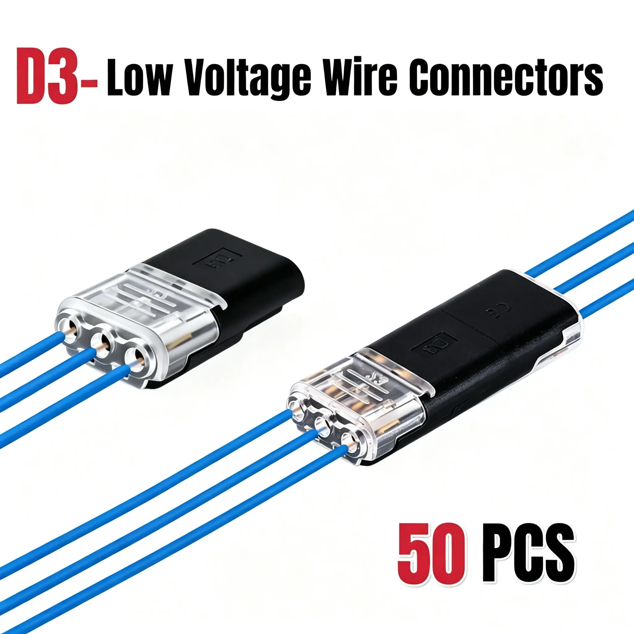 3-Way Quick Wire Connectors - No-Stripping, No-Soldering, Durable Reliable Connectors for Home Improvement Electrical Equipment, 20-22 AWG/0.2-0.7mm², 300V Rated Low-Voltage DC Power Supply, Compact, Secure Joints, Solid/Stranded Fit Terminals