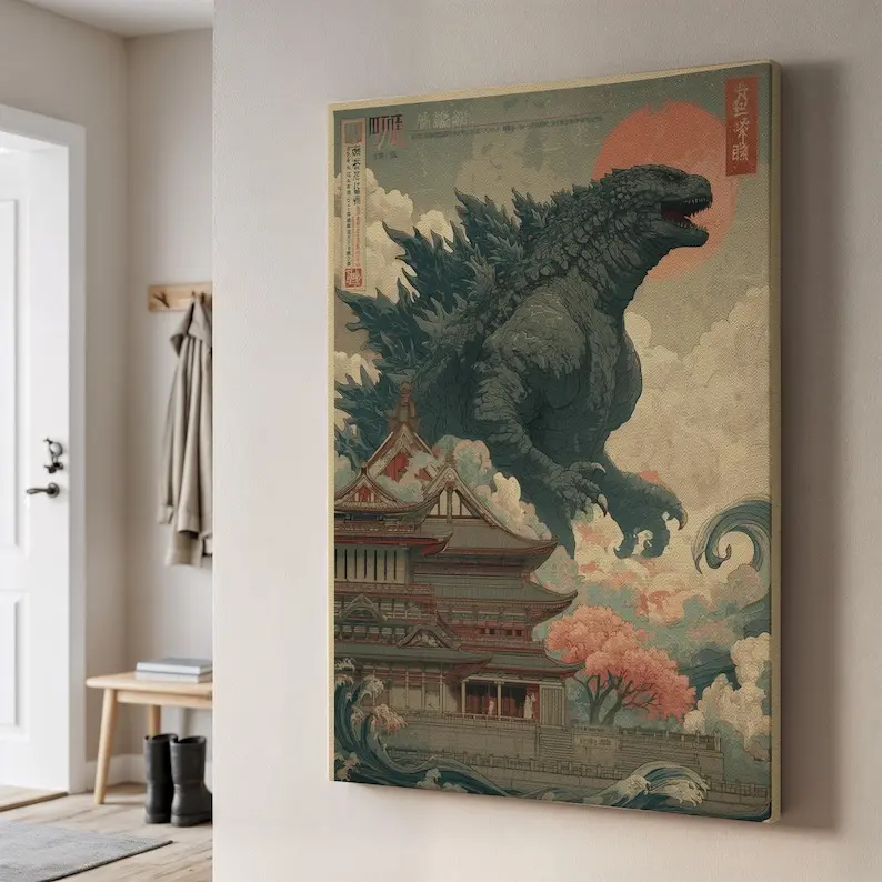 Godzilla Vintage , Japanese Monster Illustration with Pagoda and Clouds, Retro Style Wall Decor, Collectible Godzilla Artwork