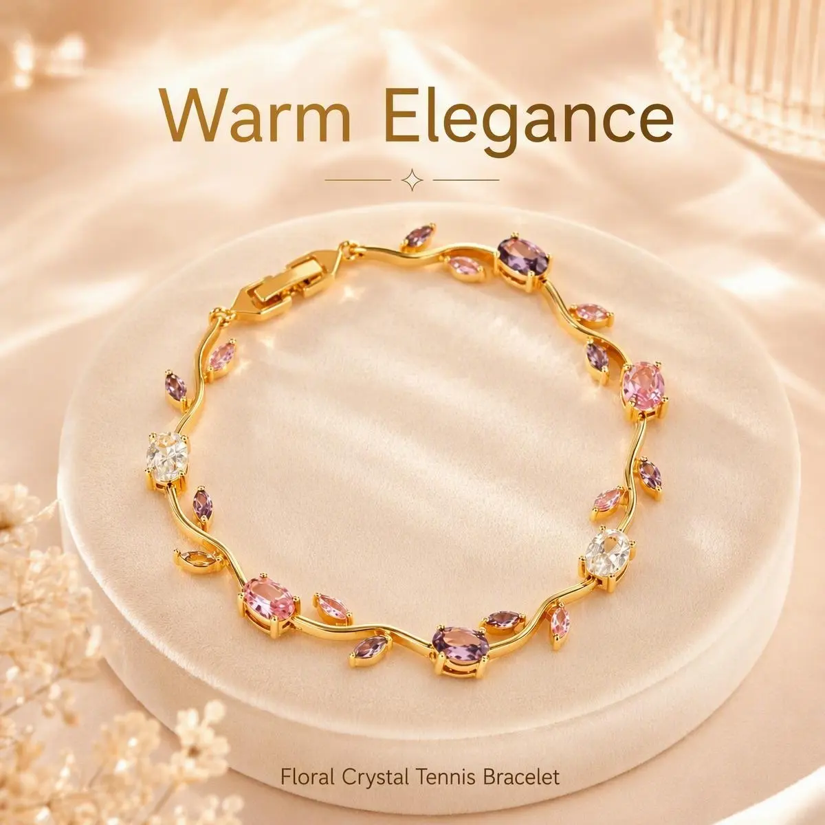16K Gold Plated Copper Vine Wave Floral Crystal Bracelet for Women, Adjustable 18.5cm+3cm Detachable Extension Chain, Dainty Pink Purple Multicolor Zircon Branch Tennis Bracelet Elegant Romantic Jewelry Gift For Her