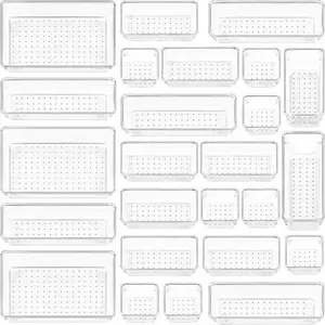25 PCS Clear Plastic Drawer Organizers Set, 4-Size Versatile Bathroom and Vanity Drawer Organizer Trays, Storage Bins for Makeup, Bedroom, Gadgets Utensils and Office