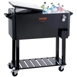 VEVOR Rolling Ice Chest Cooler Cart 80 Quart,  , Portable Bar Drink Cooler, Beverage Bar Stand Up Cooler with Wheels, Bottle Opener, Handles for Patio, Backyard, Party and Pool, Black, FDA Listed