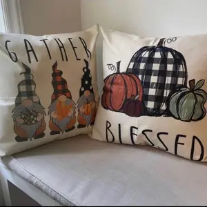 Fall Thanksgiving Decor Pillow Covers, set of 2 Buffalo Plaid Gnomes and Pumpkins Pillowcases